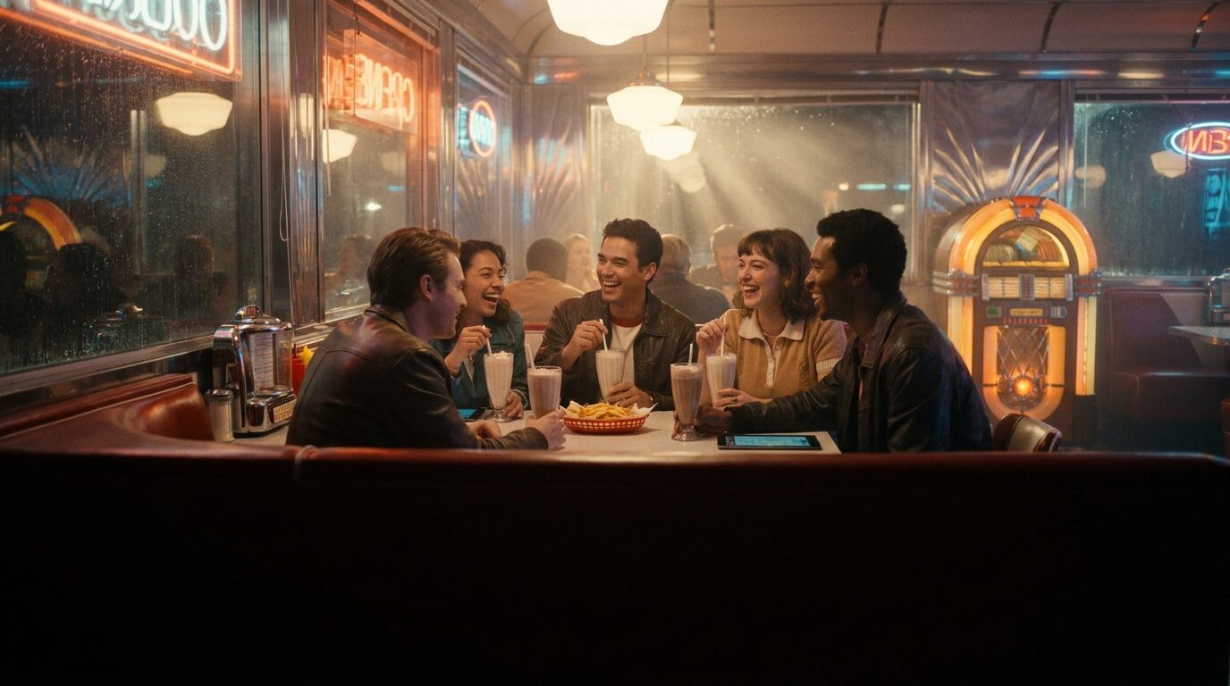Friends laughing in a diner booth late at night