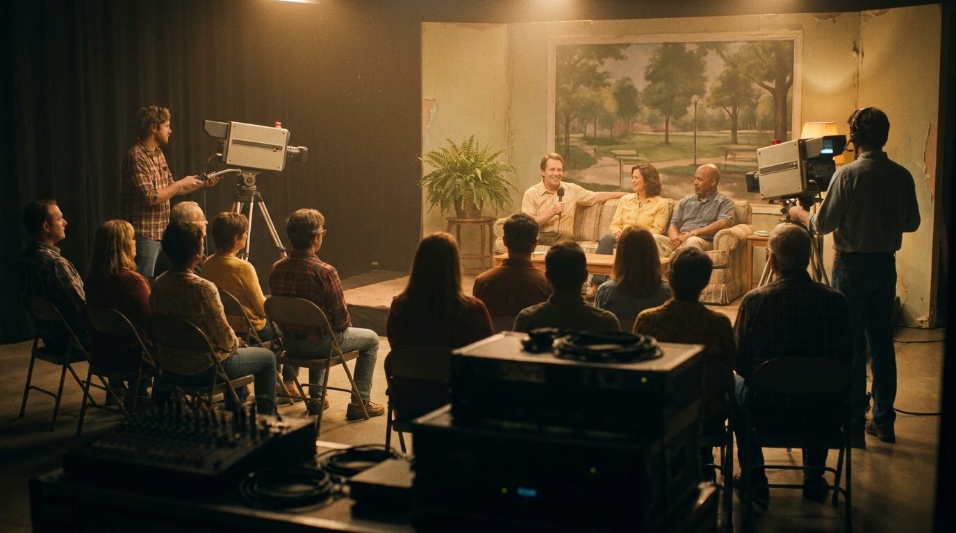 A small community television studio with volunteers behind the cameras